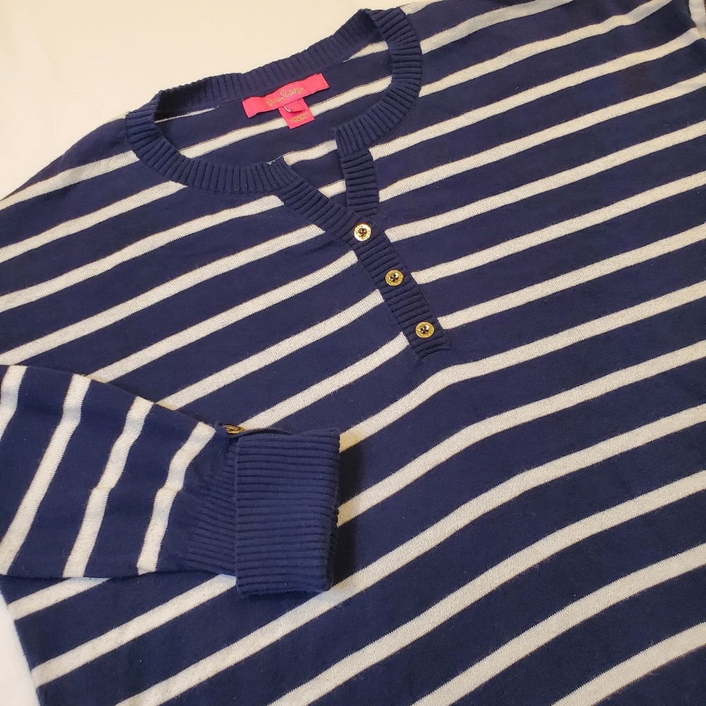 Lilly Pulitzer Faraway Sweater Navy White Stripe Gold Button Women's‎ Size Small